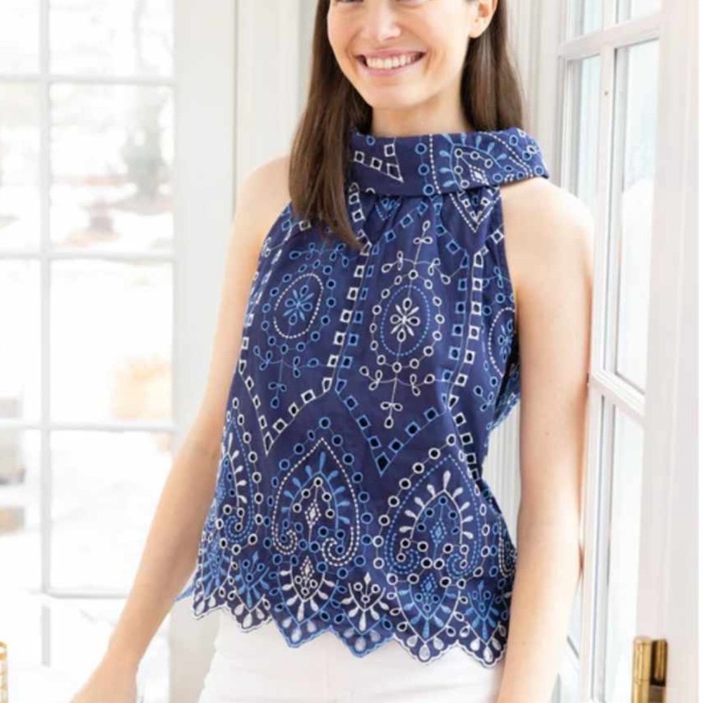 Embroidered Eyelet Cowl Neck Top